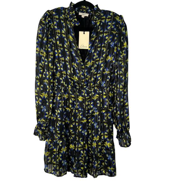 Elan Medium Tiered Elastic Waist Mini Dress Blue Black Abstract Flowy NWT Indie - Picture 1 of 16